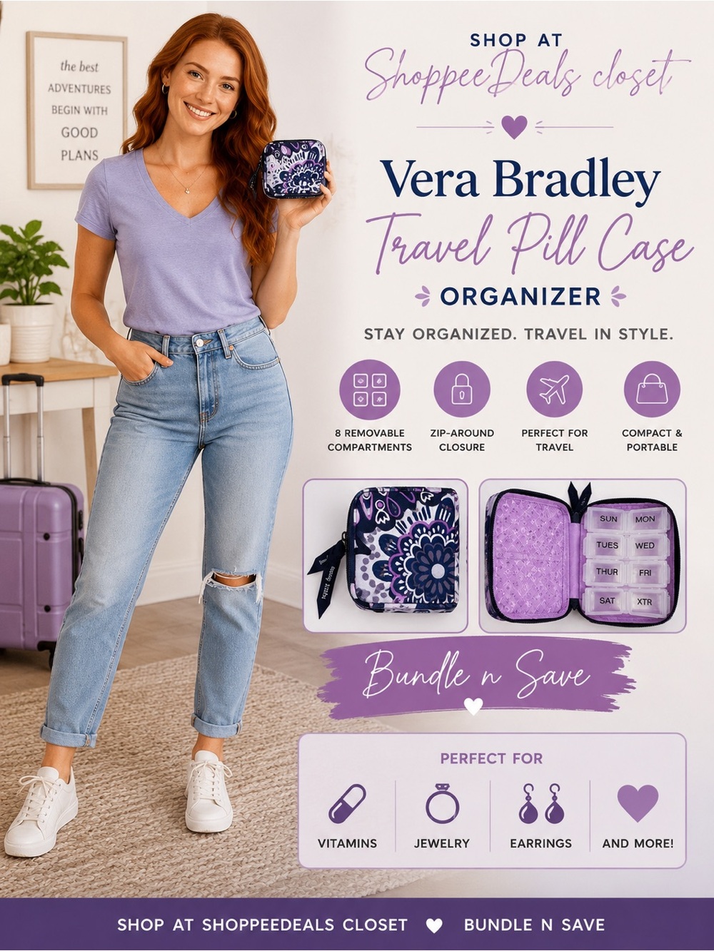 Vera Bradley Travel Pill Case Organizer with 8 Removable Compartments